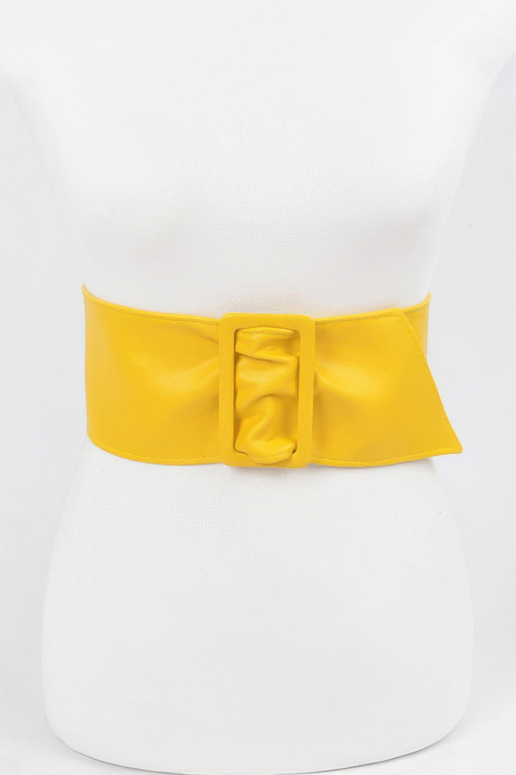 Faux leather waist belt, yellow, wide strap with square buckle in the middle.