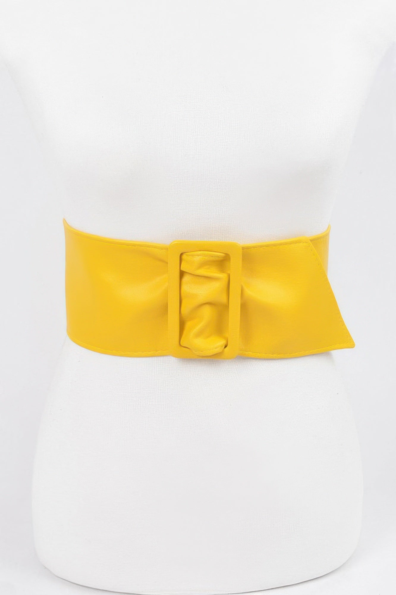Faux leather waist belt, yellow, wide strap with square buckle in the middle.