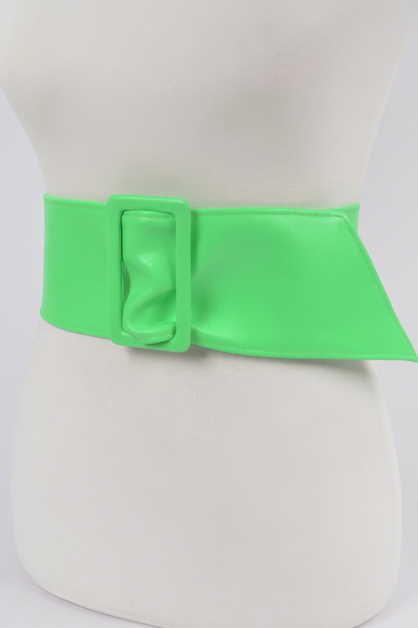 Faux Leather Waist Belt, bright green, close-up of wide buckle fastening