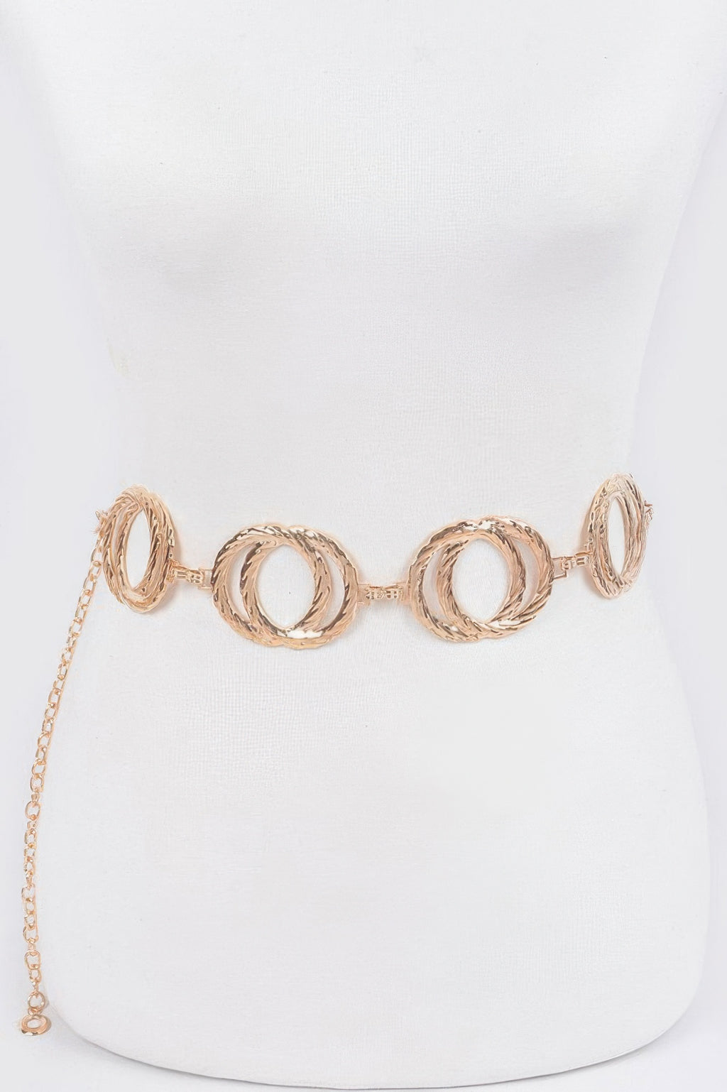 Melted Double Rings Chain Belt, goldtone, linked double-ring design with chain tail