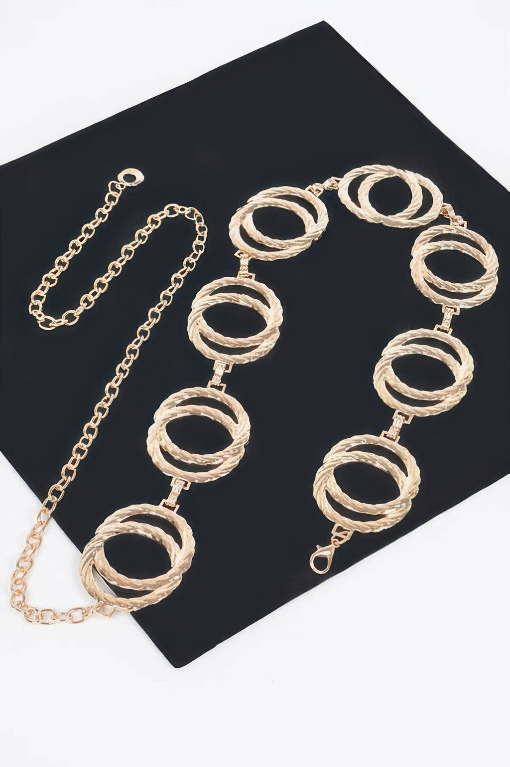 Melted Double Rings Chain Belt, goldtone, textured double-ring links and chain extender
