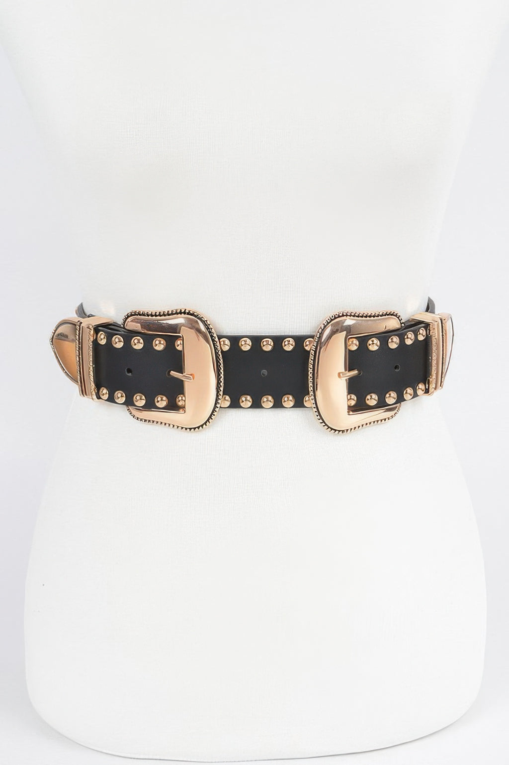 Studded double buckle belt, black with gold-tone studs and double square buckles