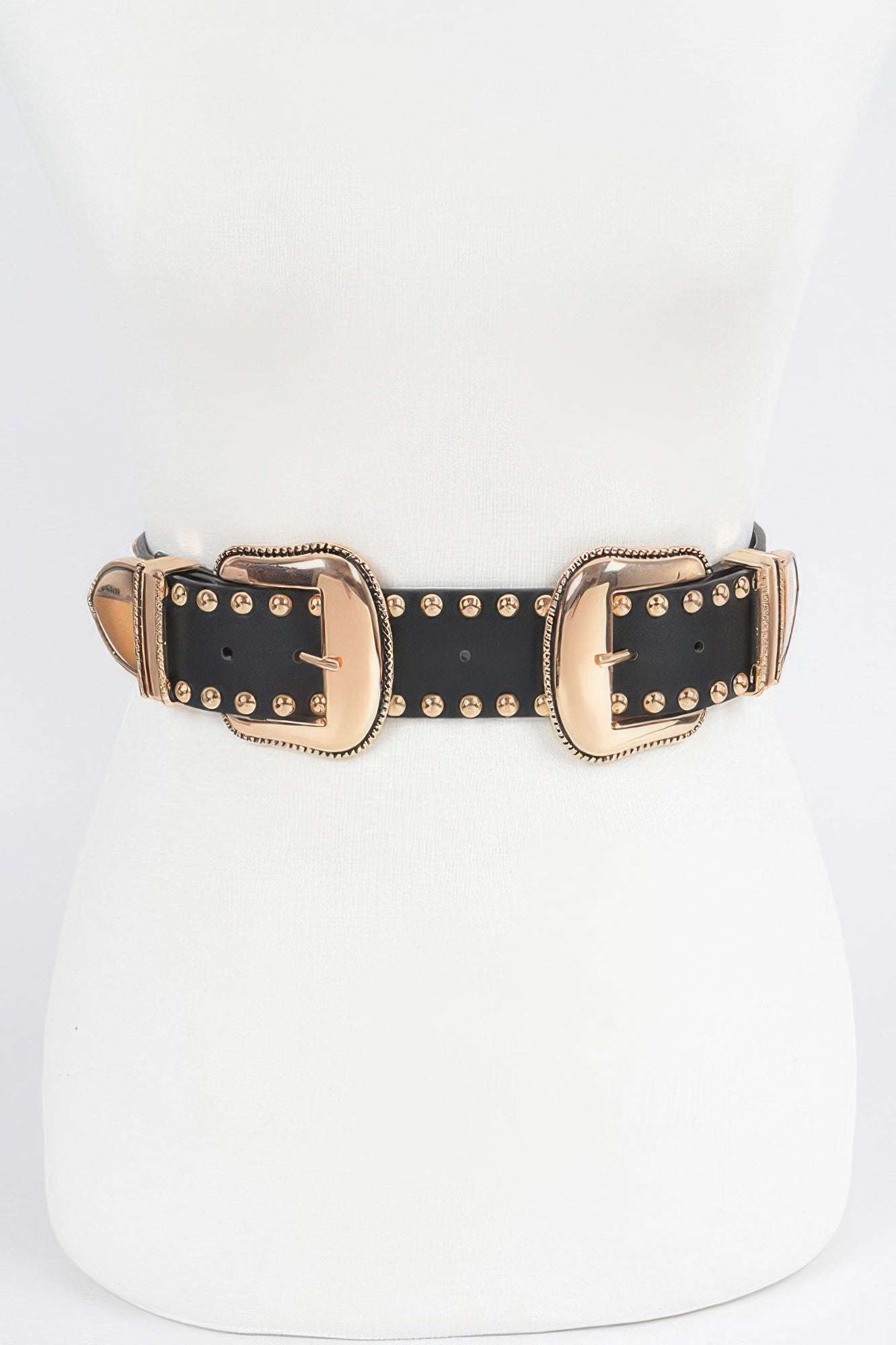 Studded double buckle belt, black with gold-tone studs and double square buckles