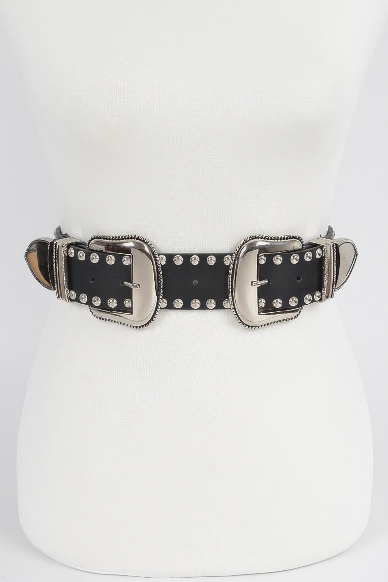 Studded double buckle belt, black with silver-tone studs and double square buckles