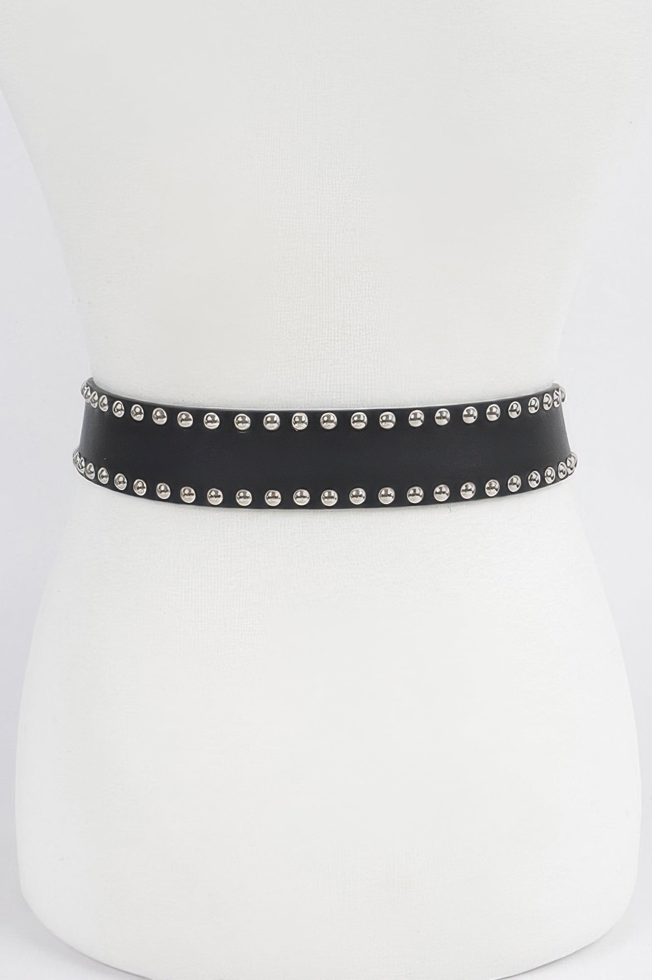 Studded belt, black strap with silver-tone studs rows