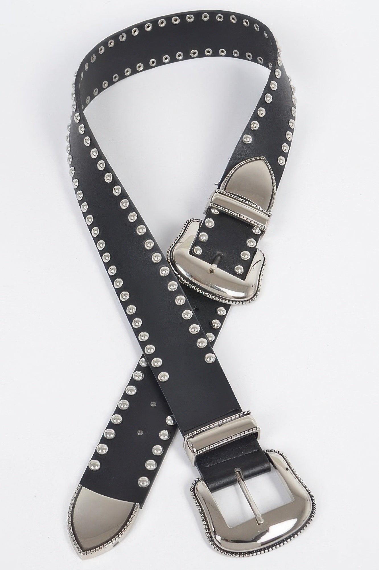 Studded belt with long strap, black with silver-tone studs and square buckle