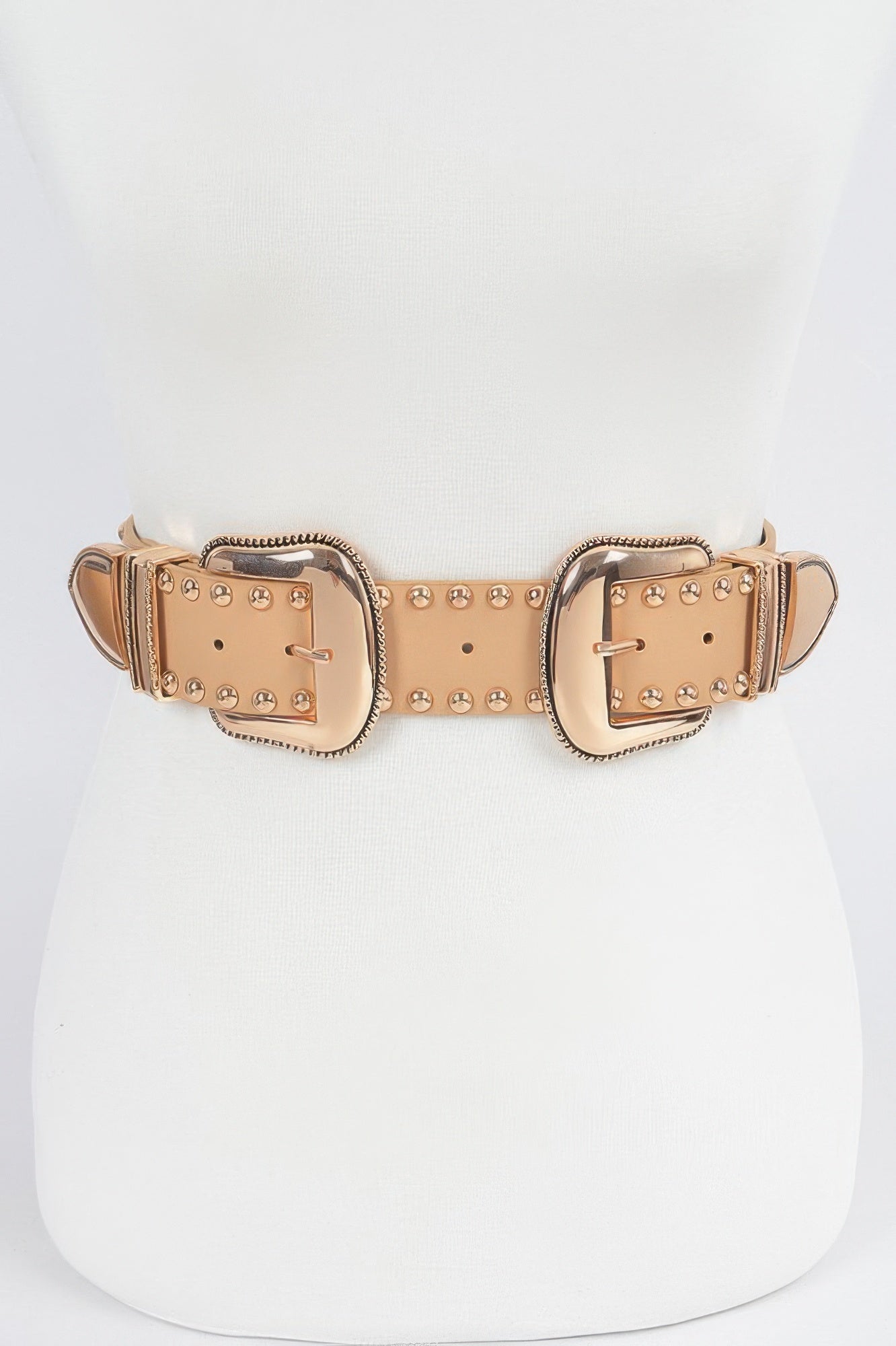 Studded double buckle belt, beige/white-gold with gold-tone studs and square buckles