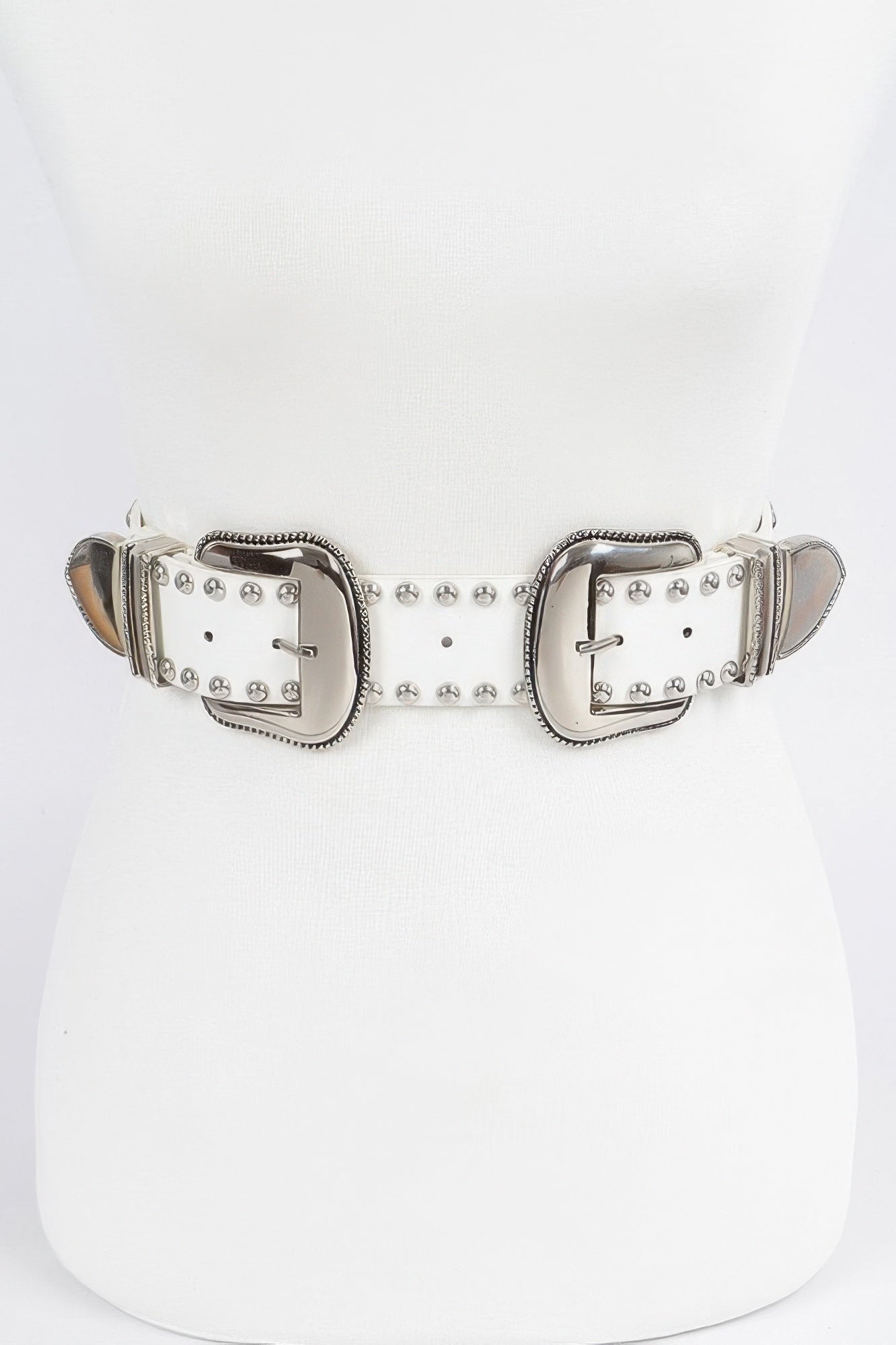 Studded double buckle belt, white-gold tone with silver-tone studs and double square buckles