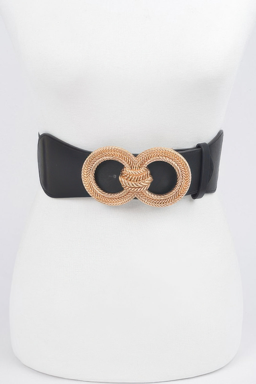 Knot Buckle Belt in black with gold braided circular knot buckle