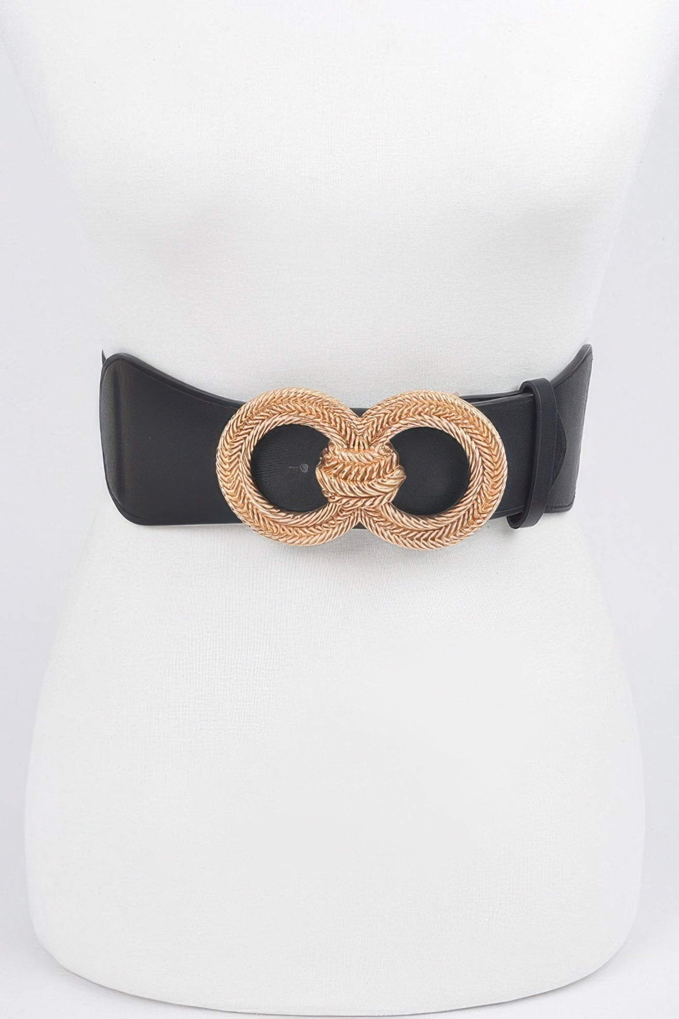 Knot Buckle Belt in black with gold braided circular knot buckle
