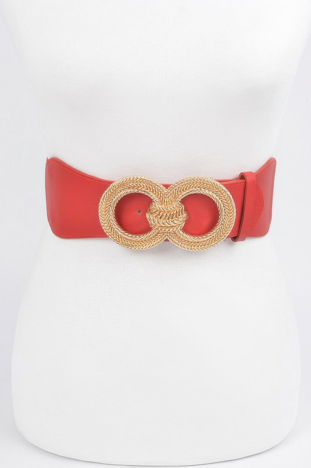 Knot Buckle Belt in red with gold braided circular knot buckle