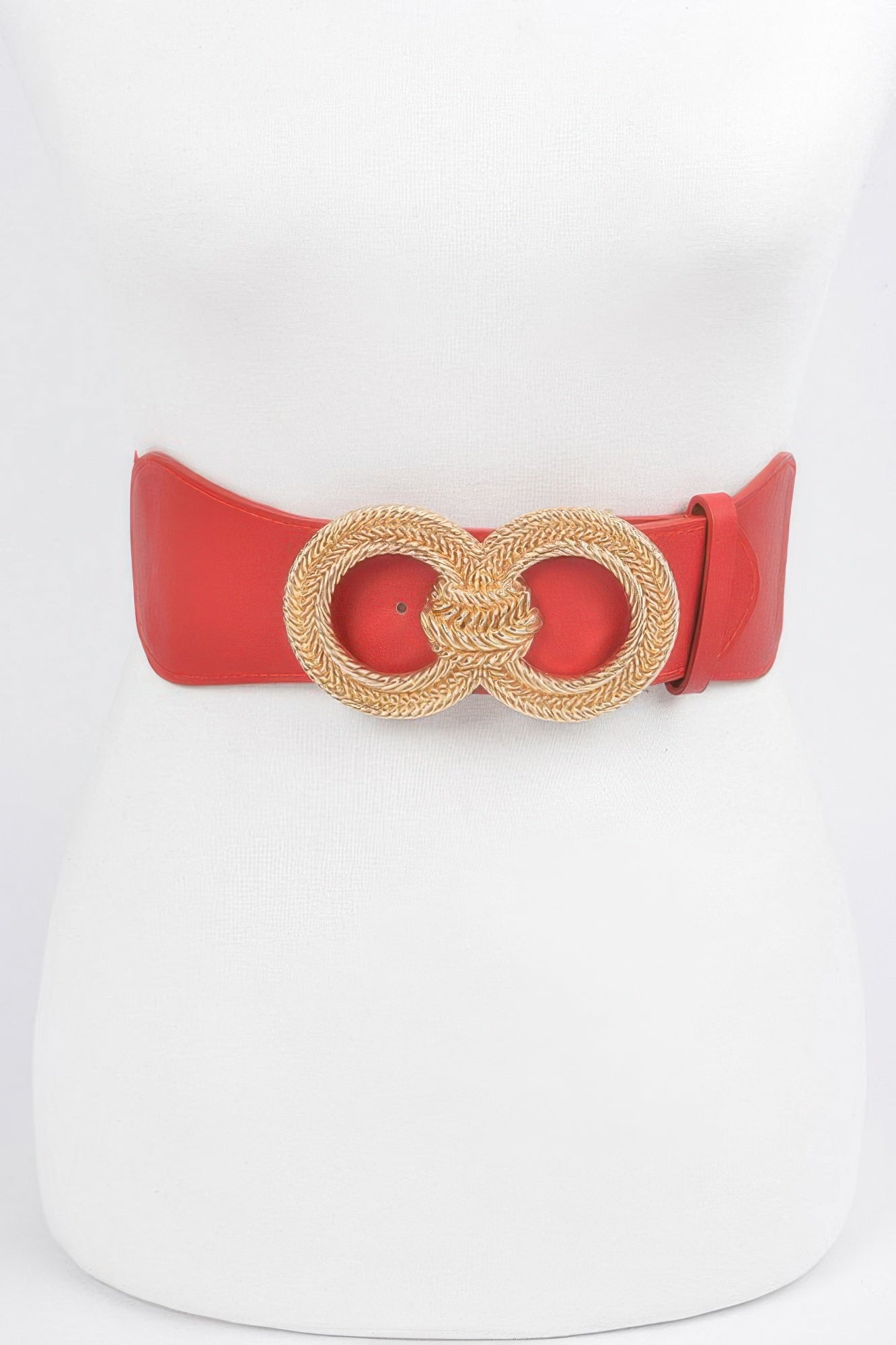 Knot Buckle Belt in red with gold braided circular knot buckle