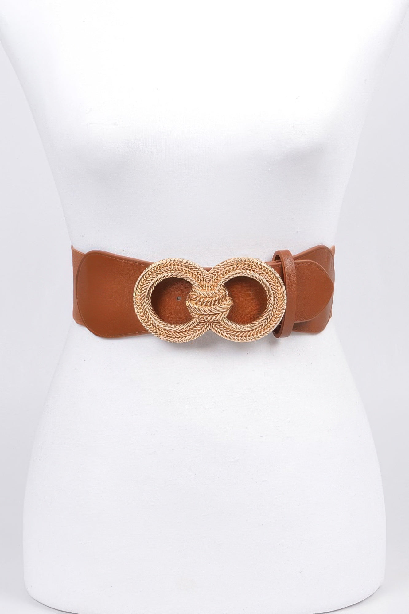 Knot Buckle Belt in brown with gold braided circular knot buckle