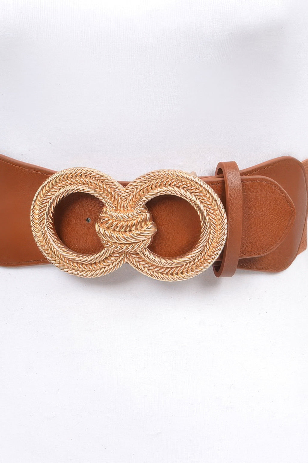 Brown Knot Buckle Belt close-up with gold braided circular knot detail