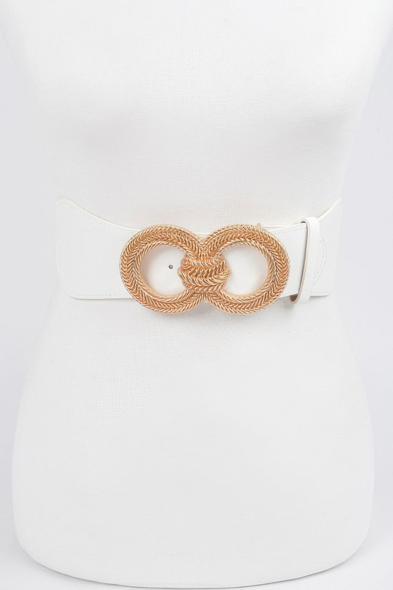 Knot Buckle Belt in white with gold braided circular knot buckle