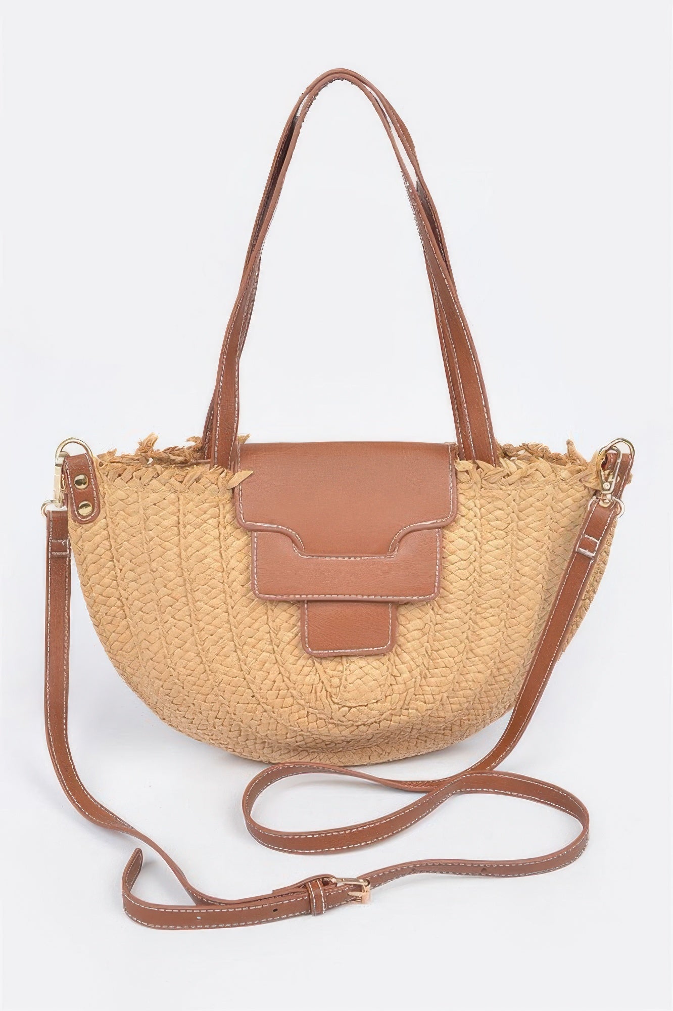 Faux straw crossbody bag, khaki with tan leather-look trim and adjustable shoulder strap