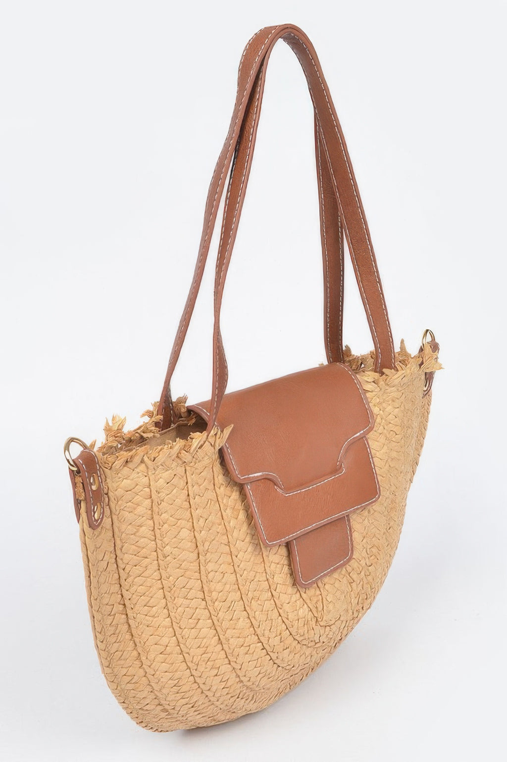 Faux straw crossbody bag, khaki woven texture with front flap pocket and top handles