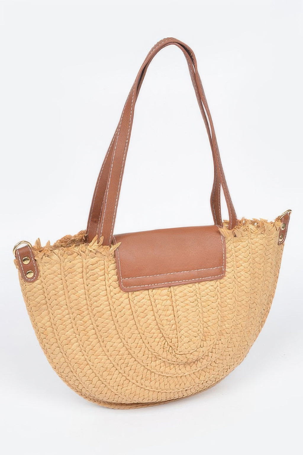 Faux straw crossbody bag, khaki color with brown trim and center front flap panel