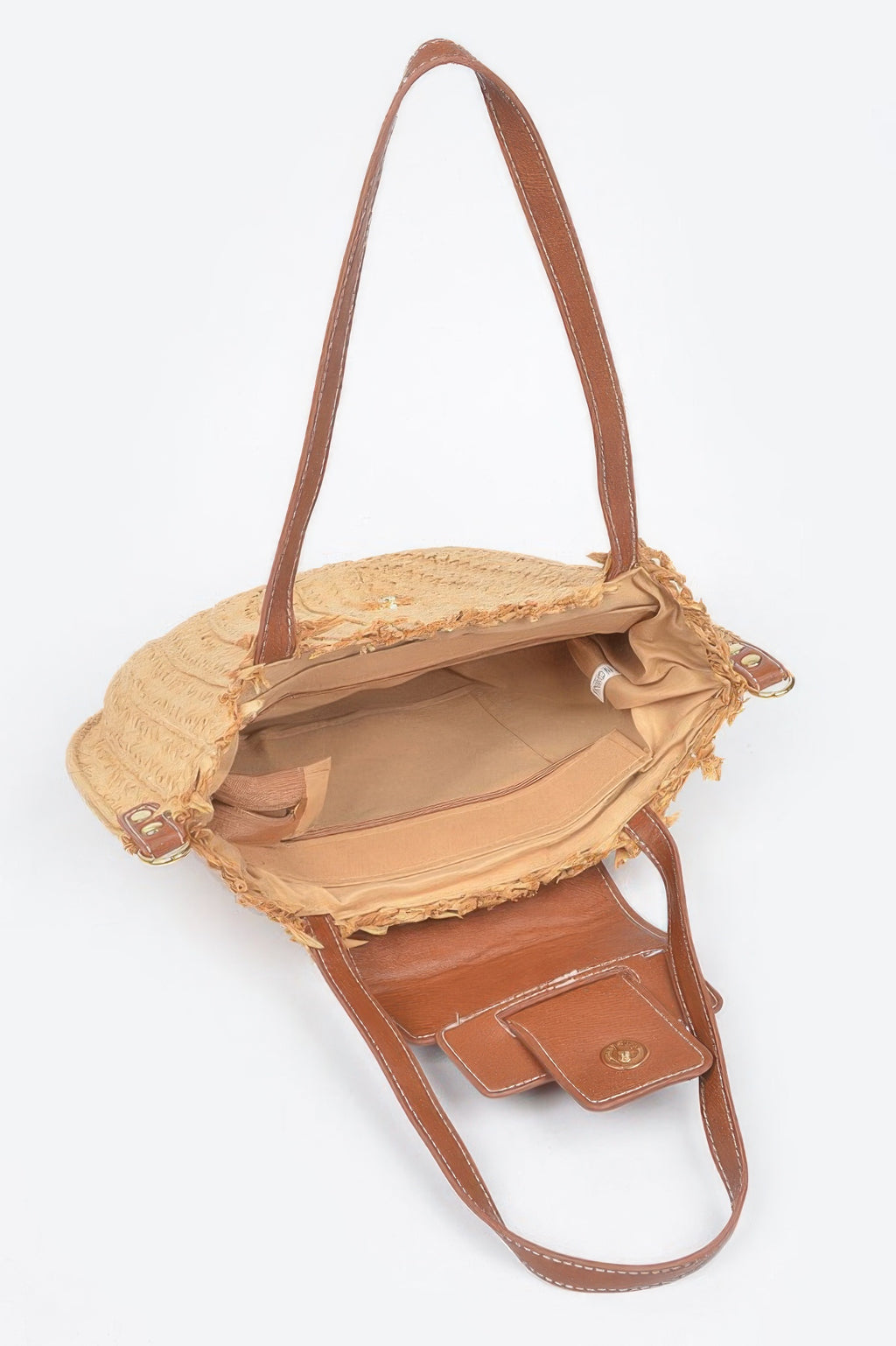 Faux straw crossbody bag, khaki with open top and brown front wallet-style pocket