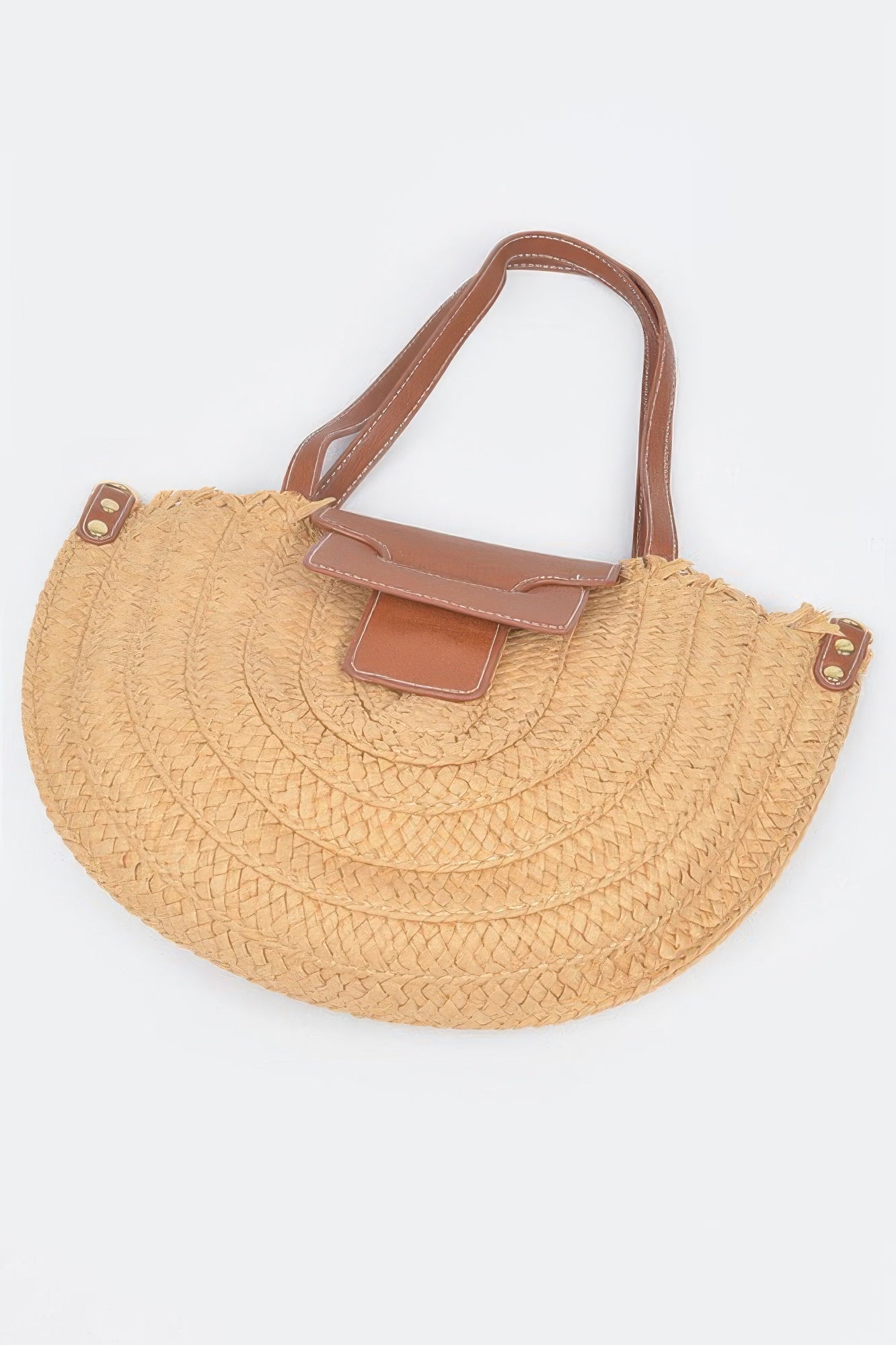 Faux straw crossbody bag, khaki large crescent shape with front flap and side hardware