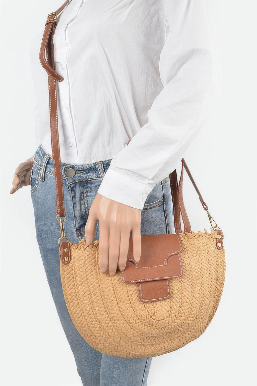 Faux straw crossbody bag on model, khaki woven body with crossbody strap and front flap