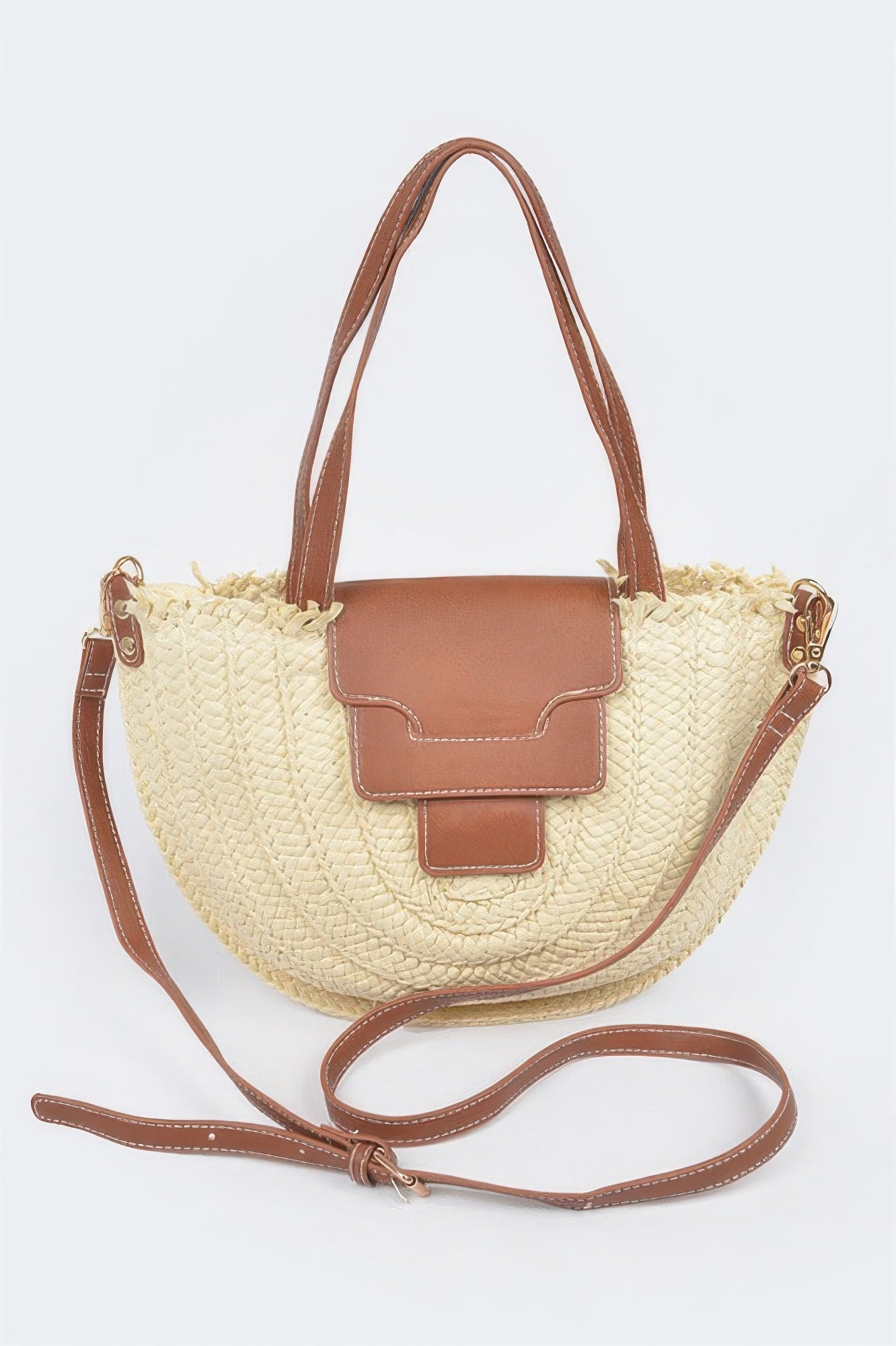 Faux straw crossbody bag, ivory woven texture with brown leather-look flap and strap