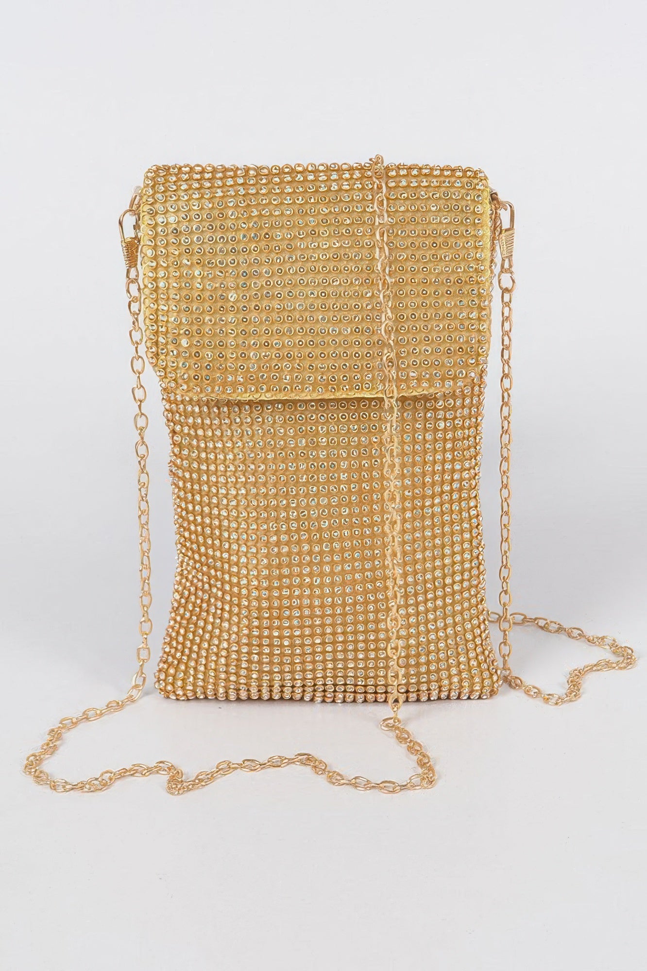 Mini rhinestone rectangular clutch, gold with chain strap and rhinestone mesh body