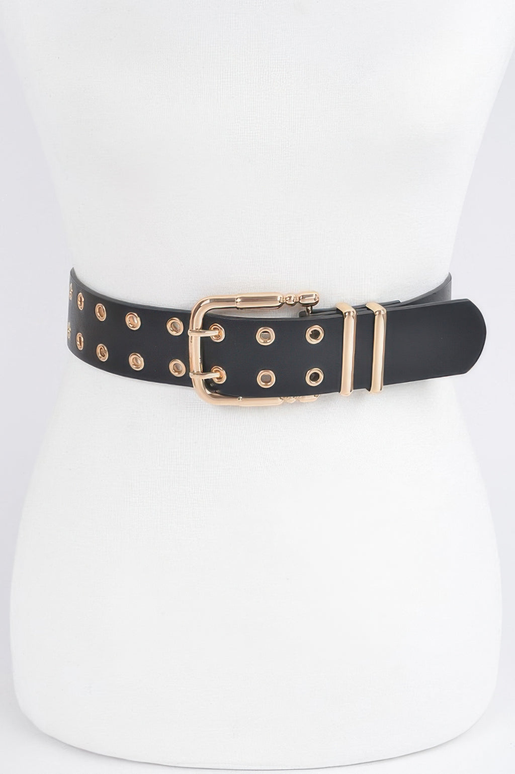 Faux leather belt in black with gold eyelet studs and rectangular buckle