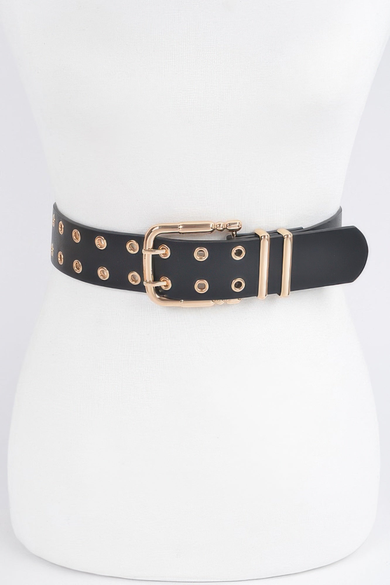 Faux leather belt in black with gold eyelet studs and rectangular buckle