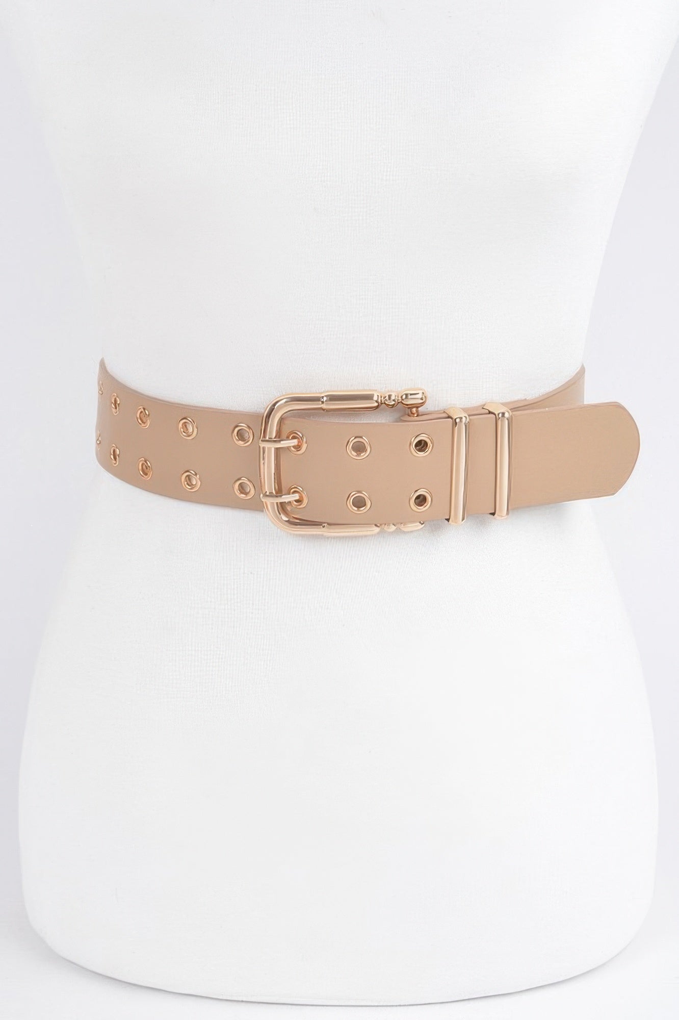 Faux leather belt in nude/rose with gold eyelet studs and rectangular buckle