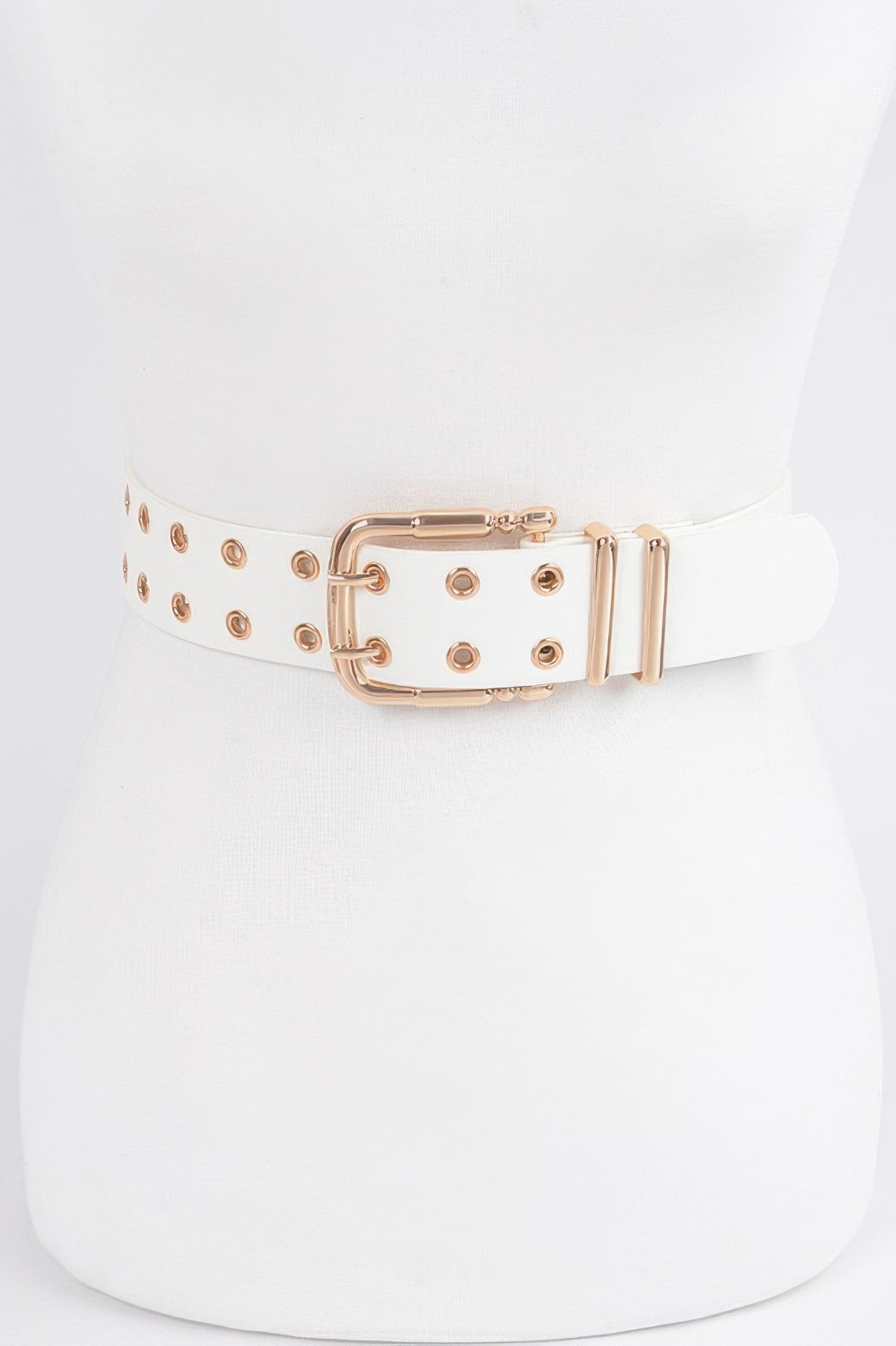 Faux leather belt in white with gold eyelet studs and rectangular buckle