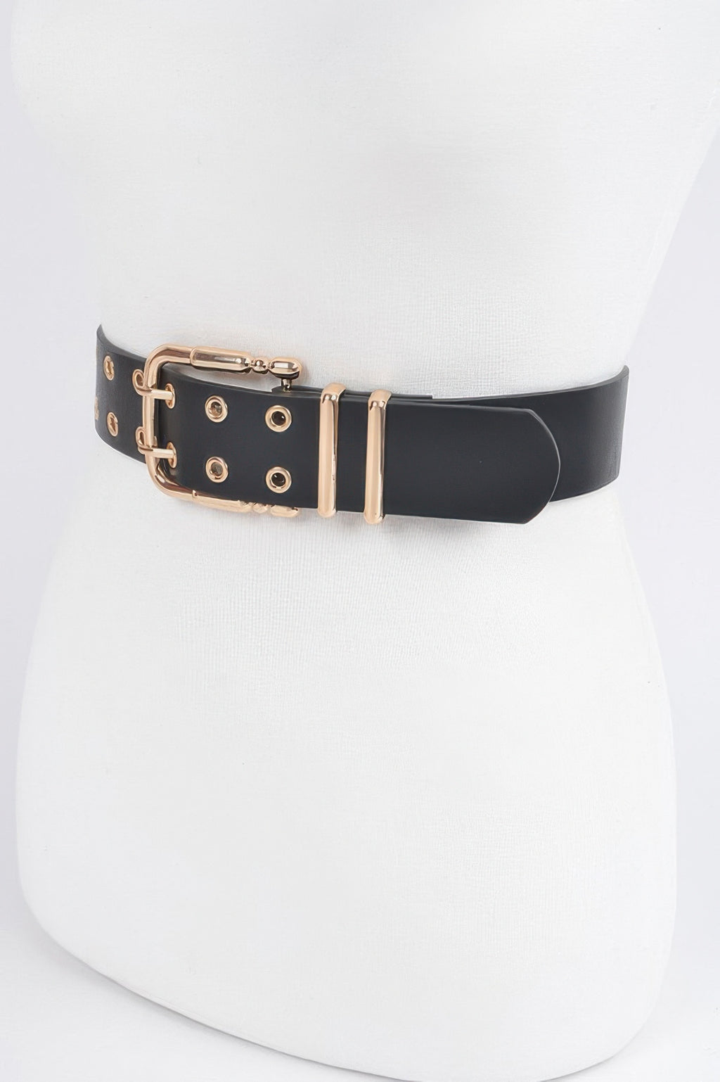 Faux leather belt black with gold-tone buckle and eyelet-studded strap