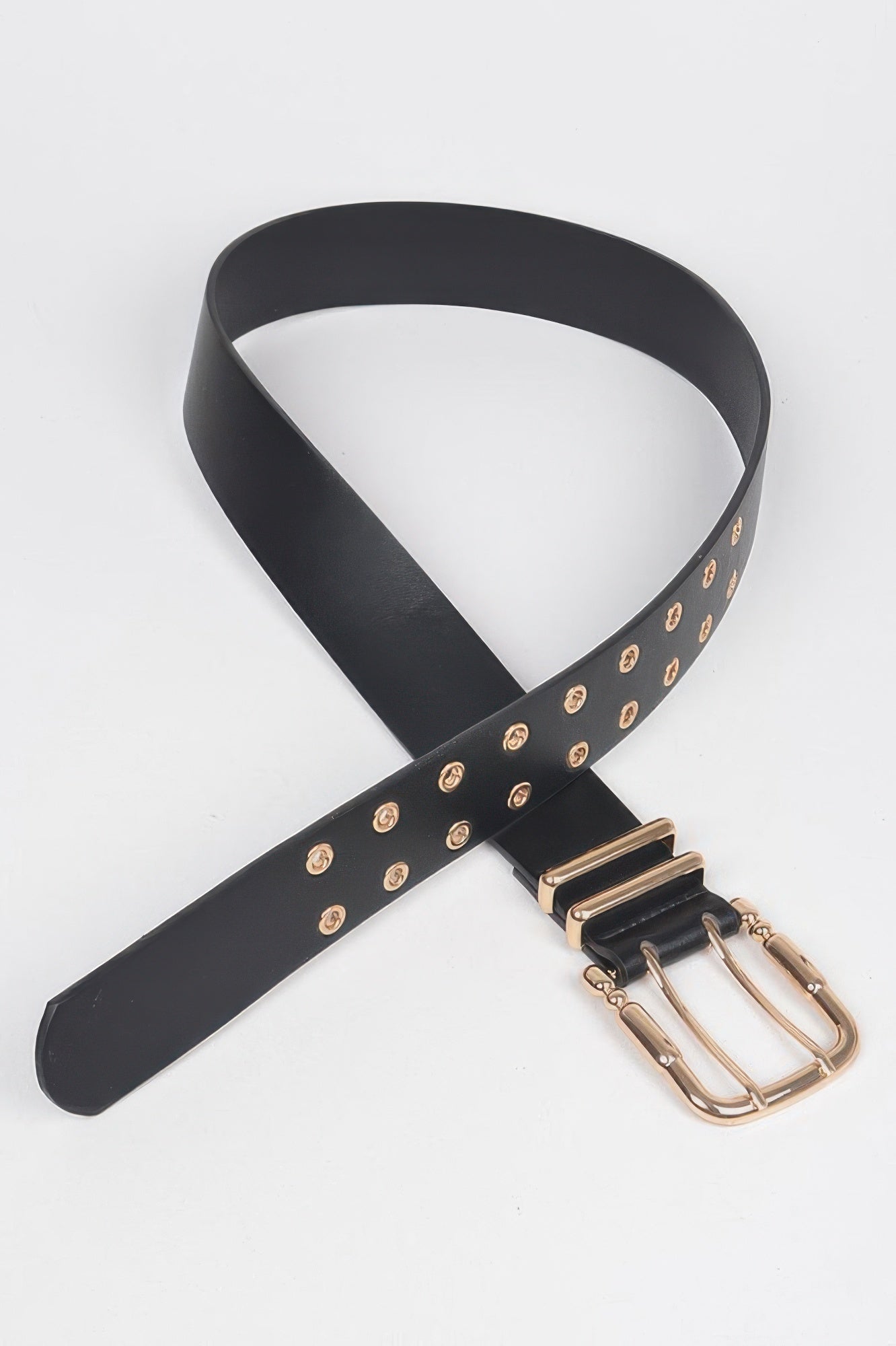 Black faux leather belt with eyelet studs and gold-tone double-prong buckle