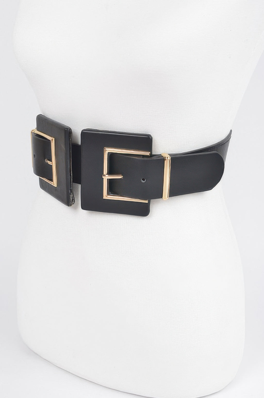 Black leather belt with gold-tone rectangular buckle