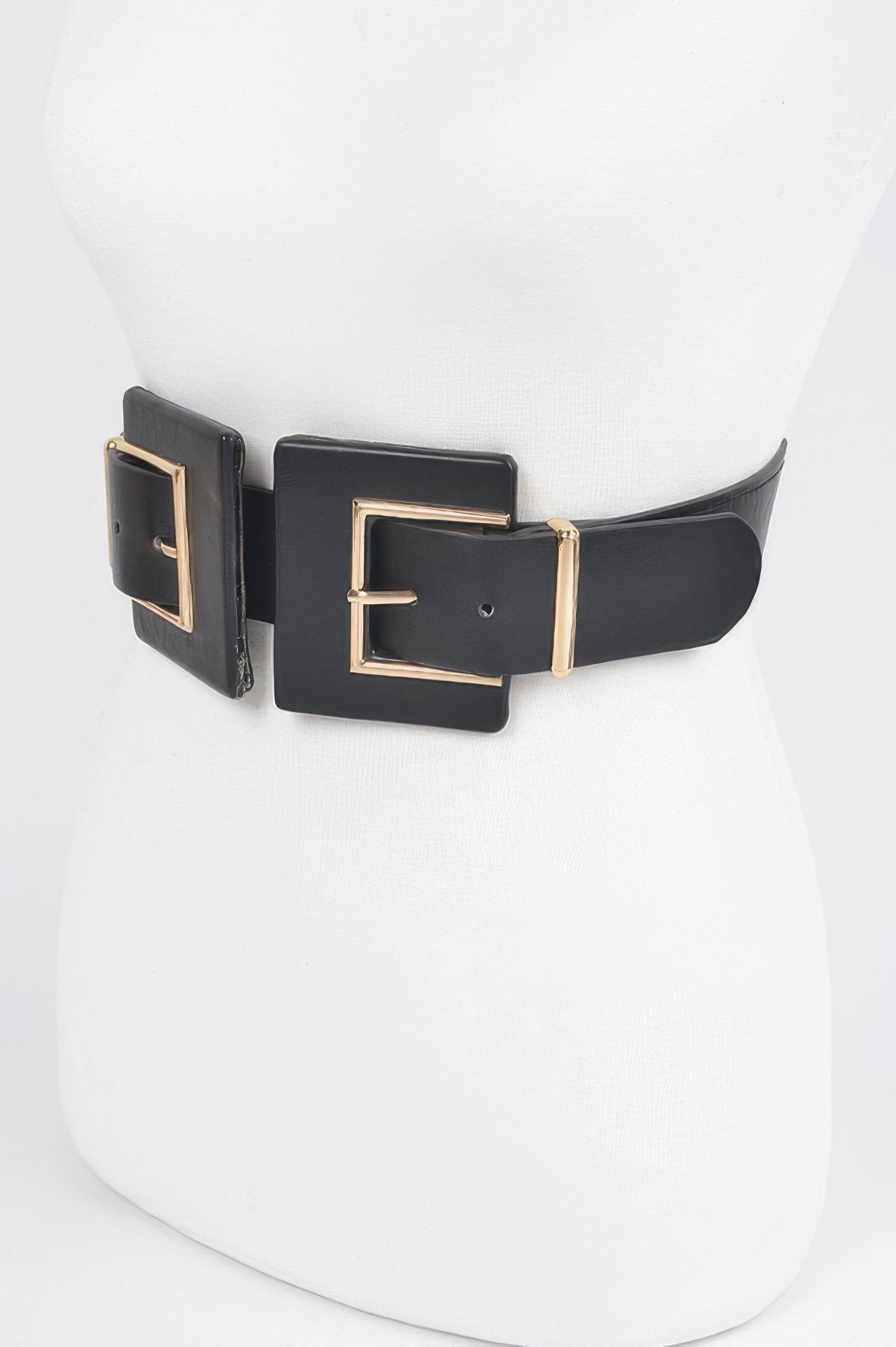 Black leather belt with gold-tone rectangular buckle
