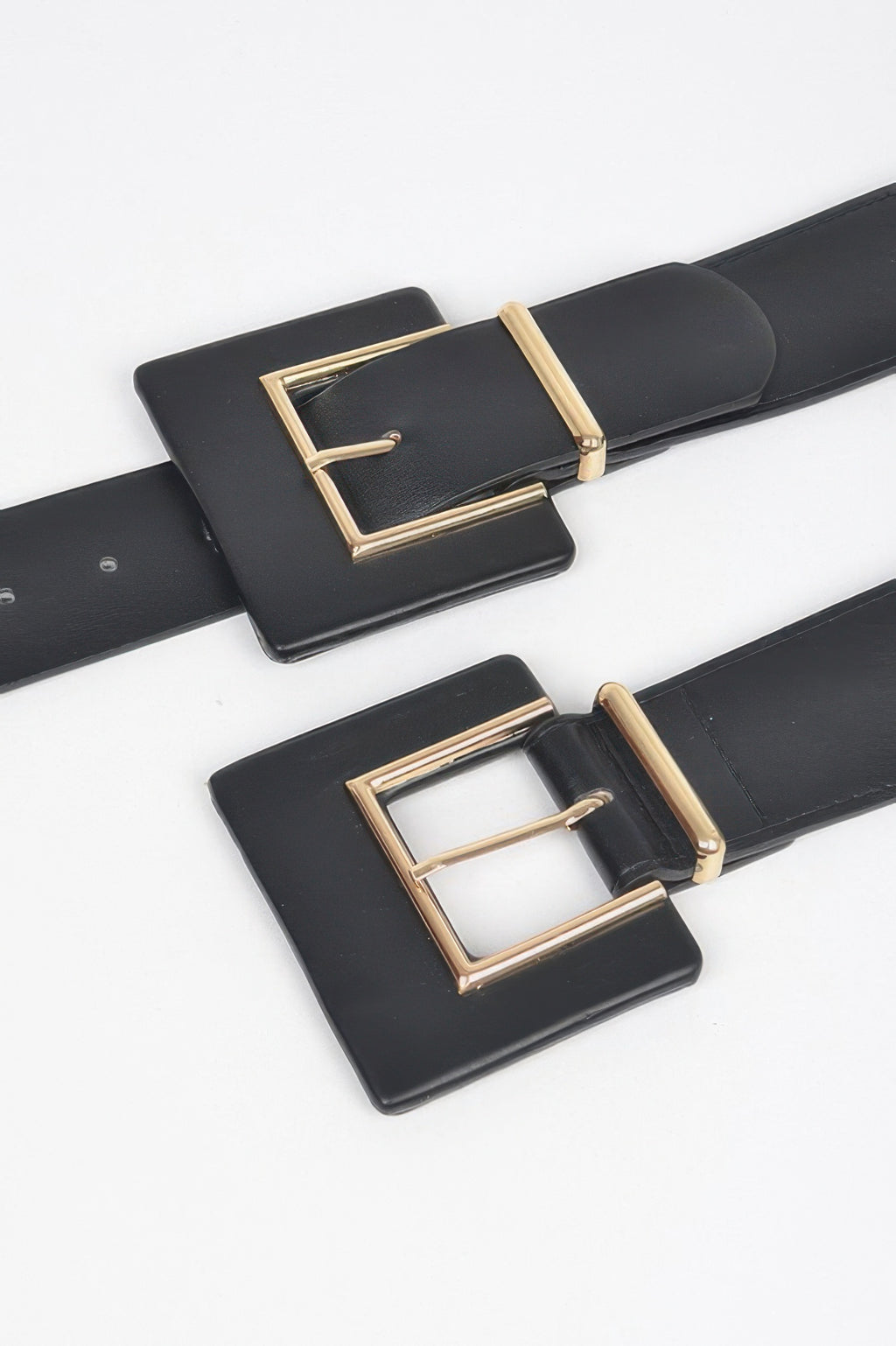 Black leather belt with gold-tone square buckle