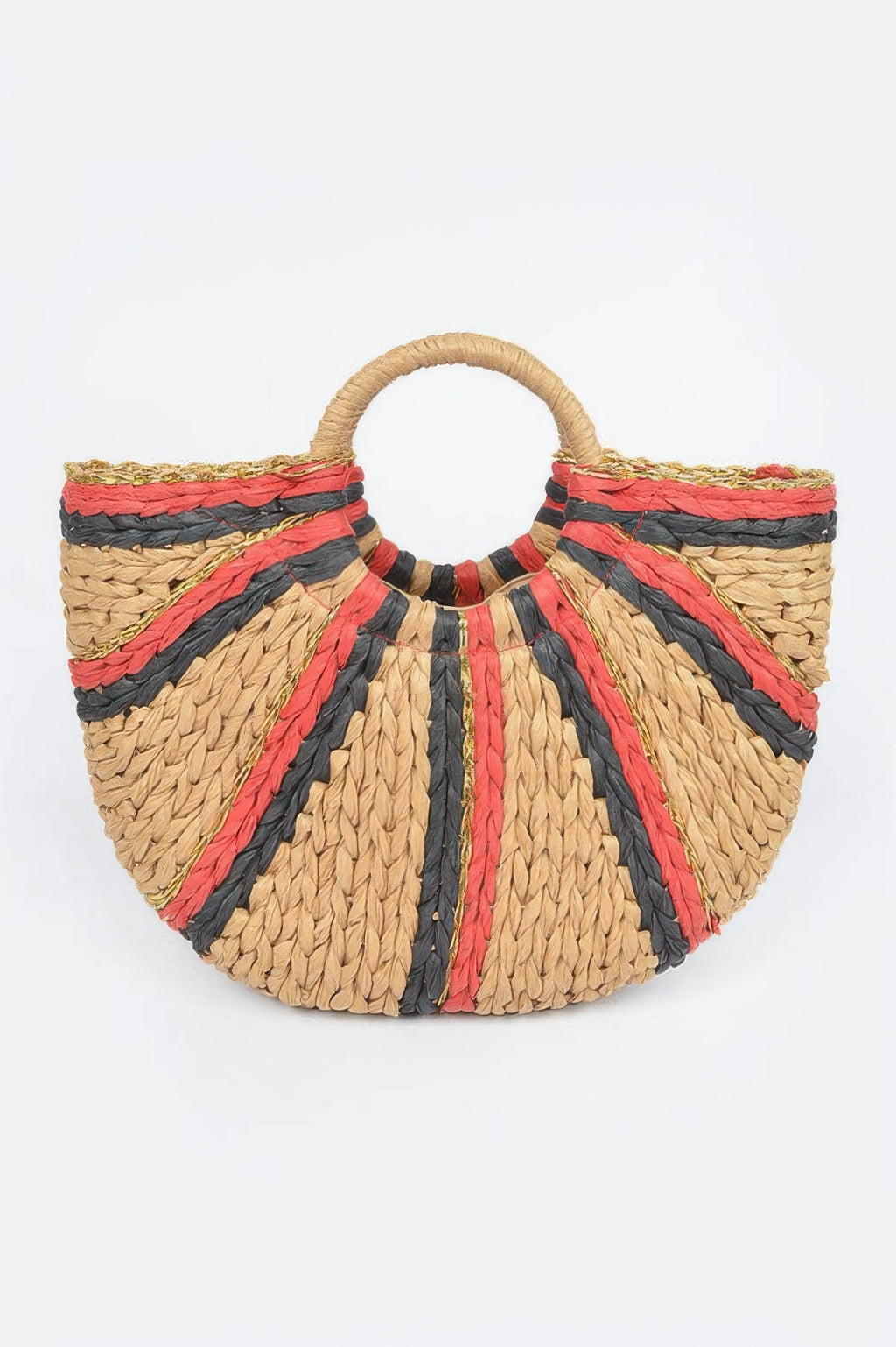 Two Toned Straw Tote Bag in black: straw with red and blue woven bands