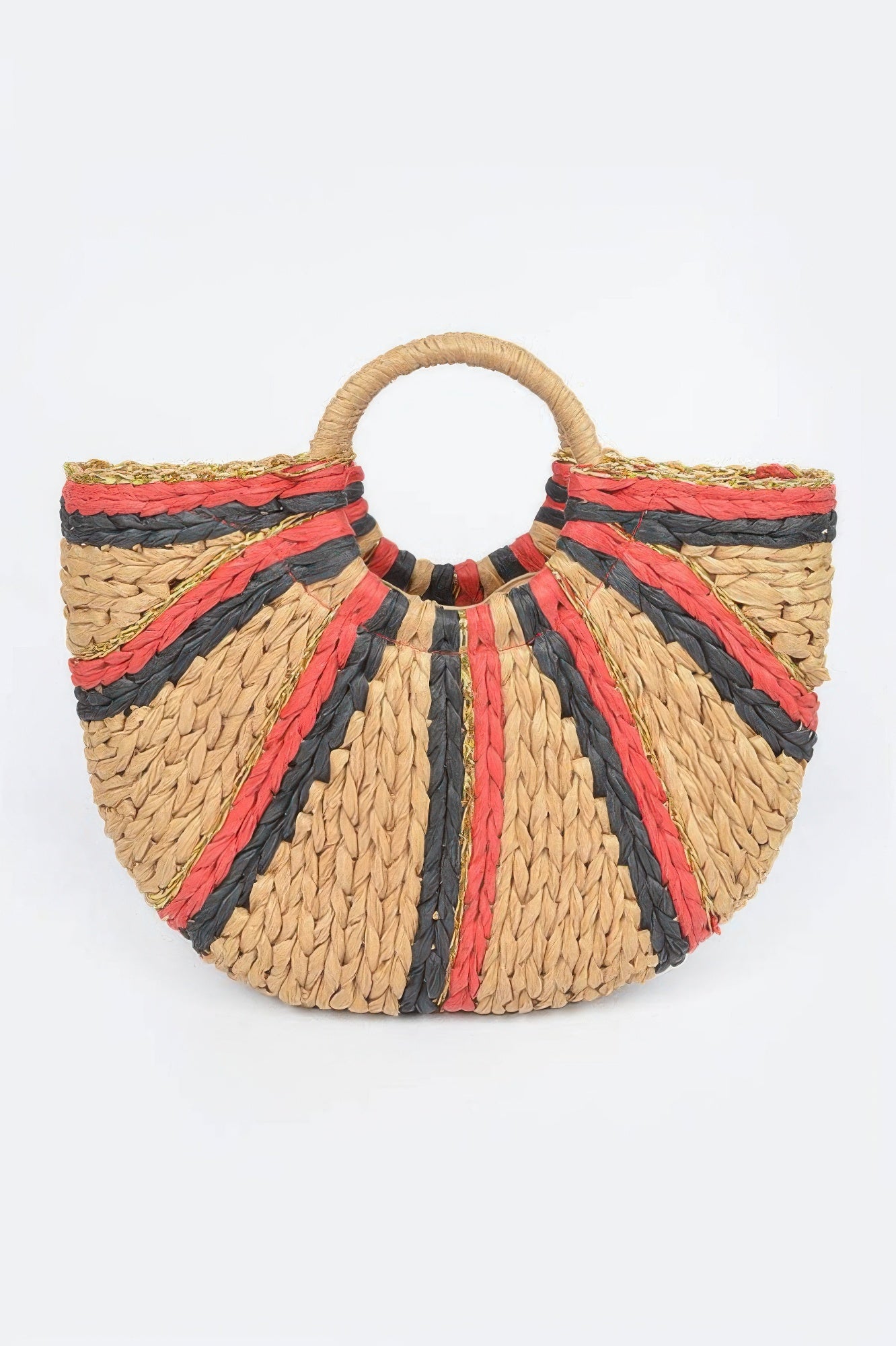 Two Toned Straw Tote Bag in black: straw with red and blue woven bands