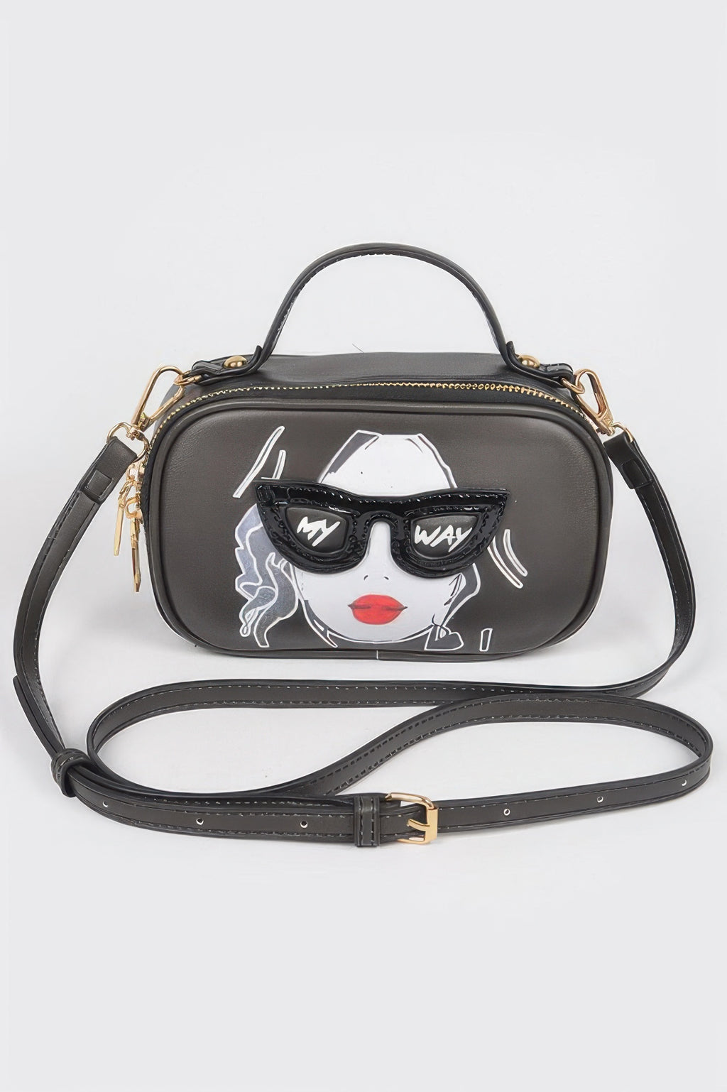 Top Handle Novelty Bag black with illustrated face wearing sunglasses, zip closure