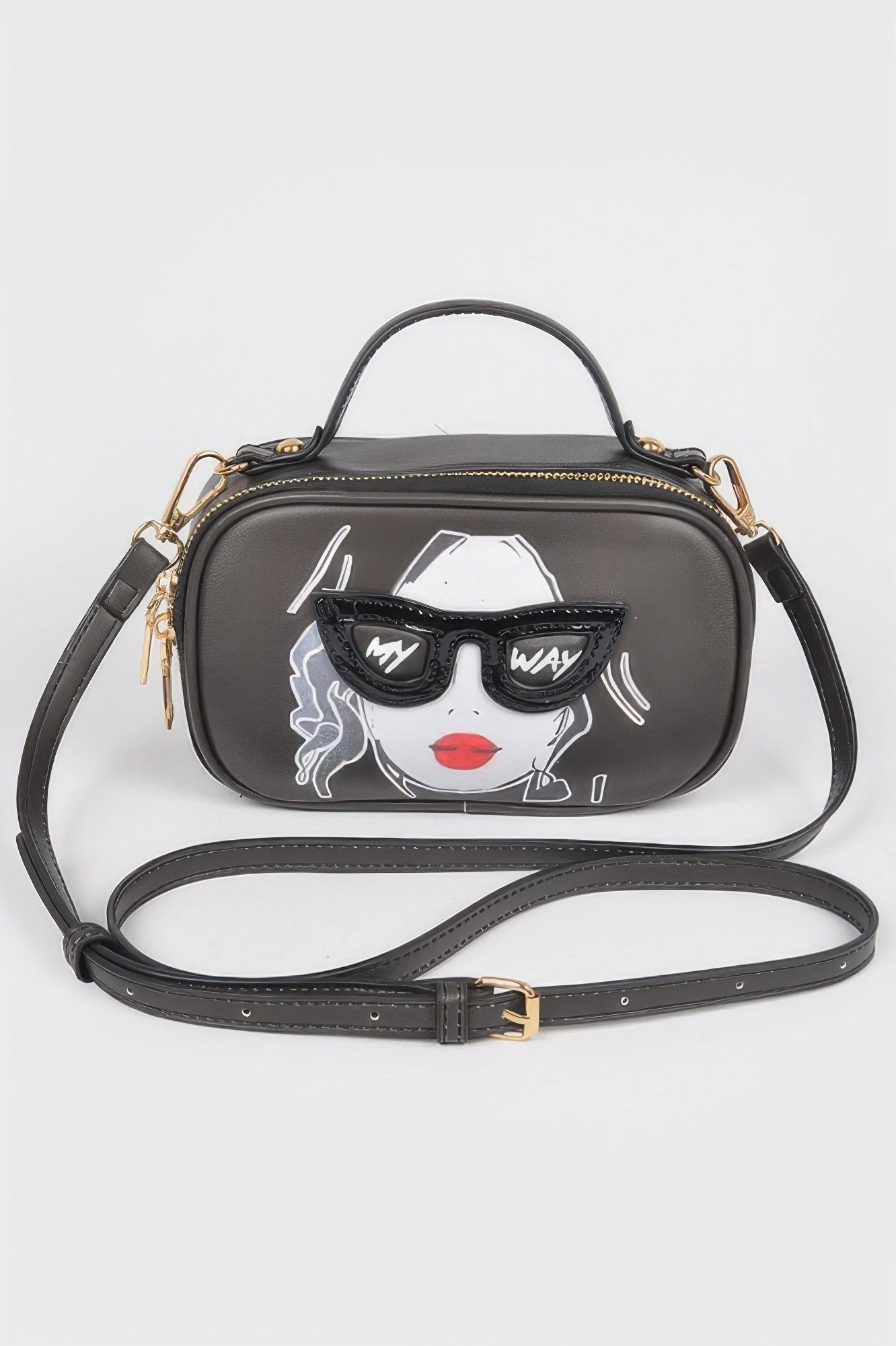 Top Handle Novelty Bag black with illustrated face wearing sunglasses, zip closure
