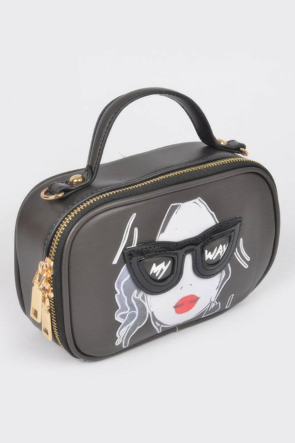 Top Handle Novelty Bag black with face graphic, front zipper and gold-tone hardware
