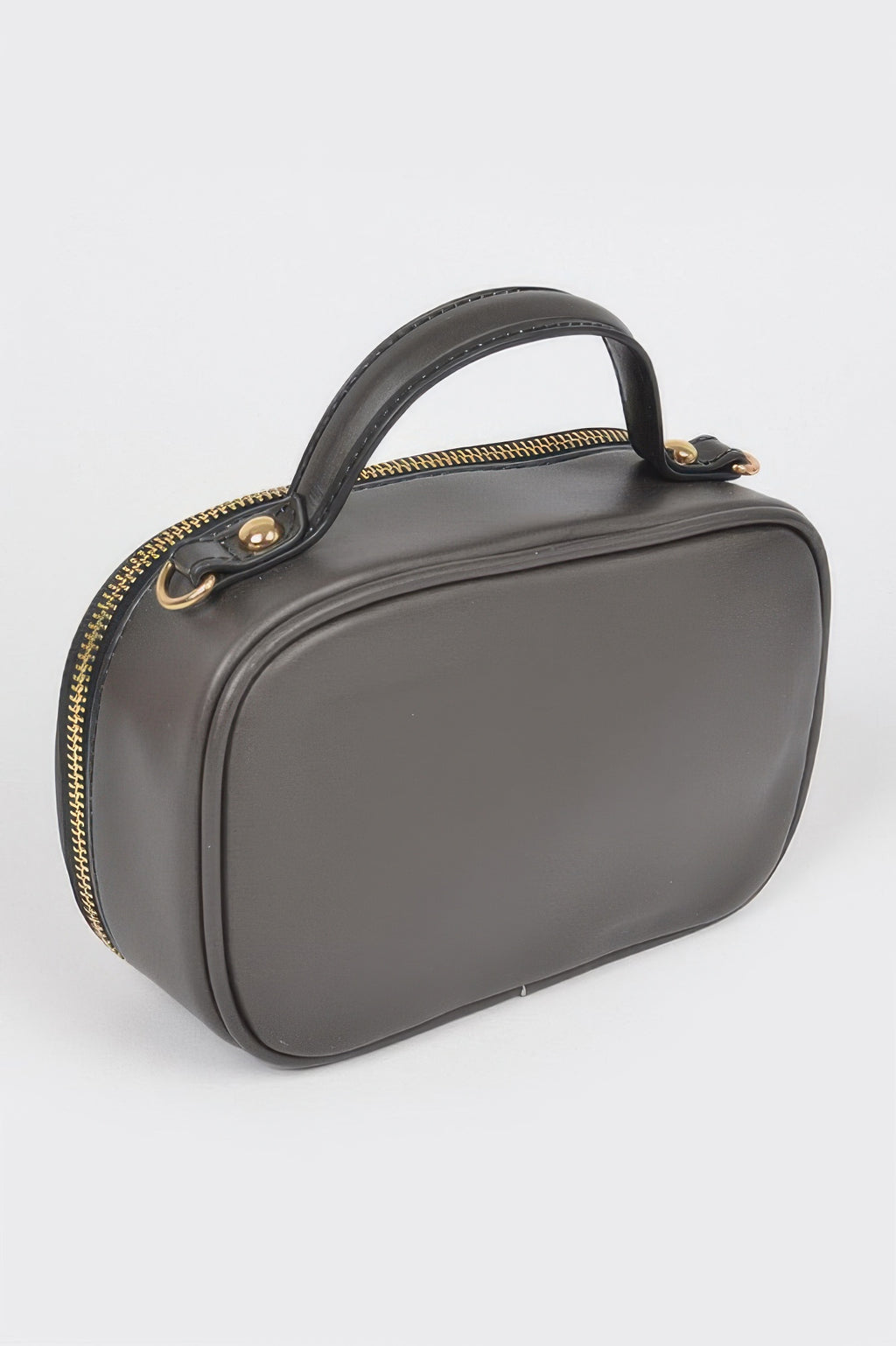 Top Handle Novelty Bag black with top handle, gold zipper trim, structured shape