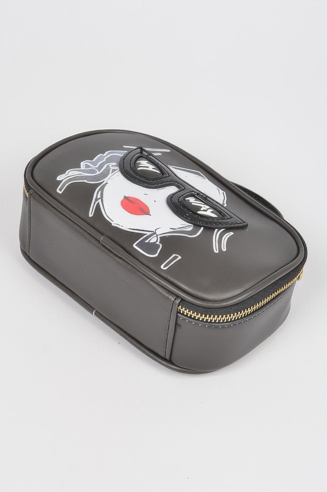 Top Handle Novelty Bag black with angled face graphic, red lips, front zipper