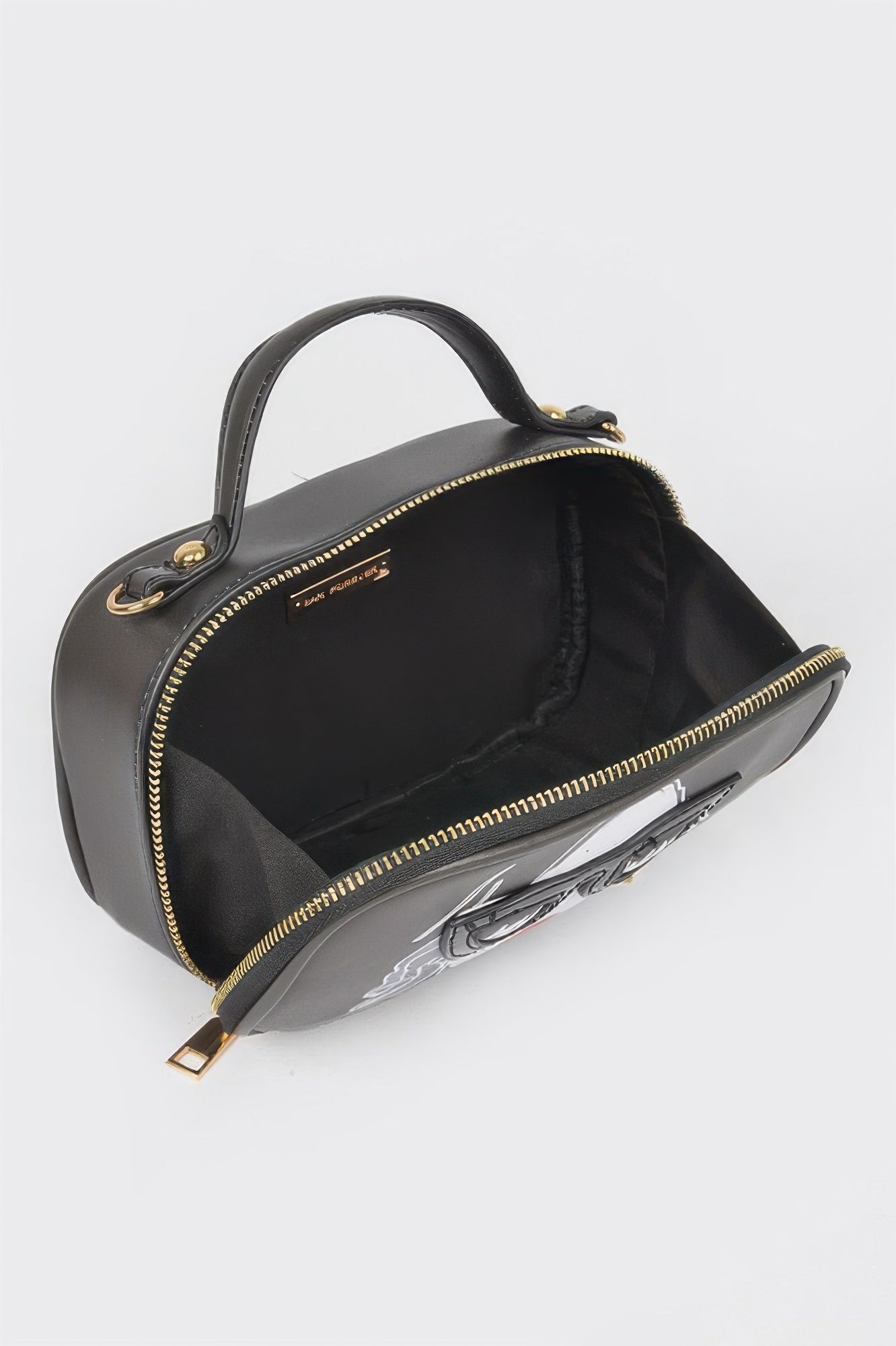 Top Handle Novelty Bag black with open top, lined interior, gold zipper teeth