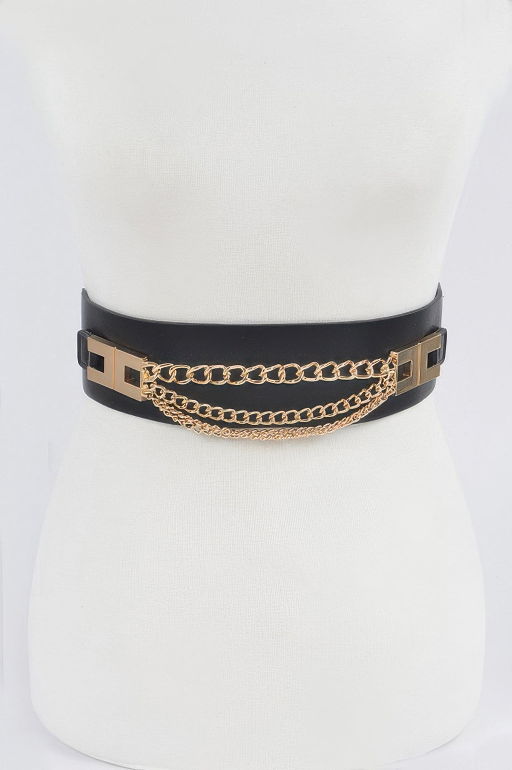 Black elastic chain belt with gold links and square buckle accents