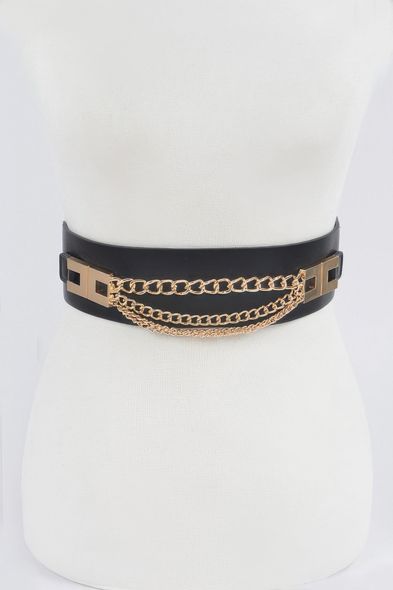 Black elastic chain belt with gold links and square buckle accents