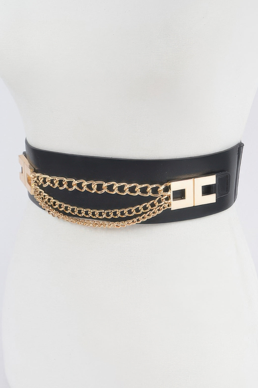 Black elastic belt with layered gold chain and square buckle detail