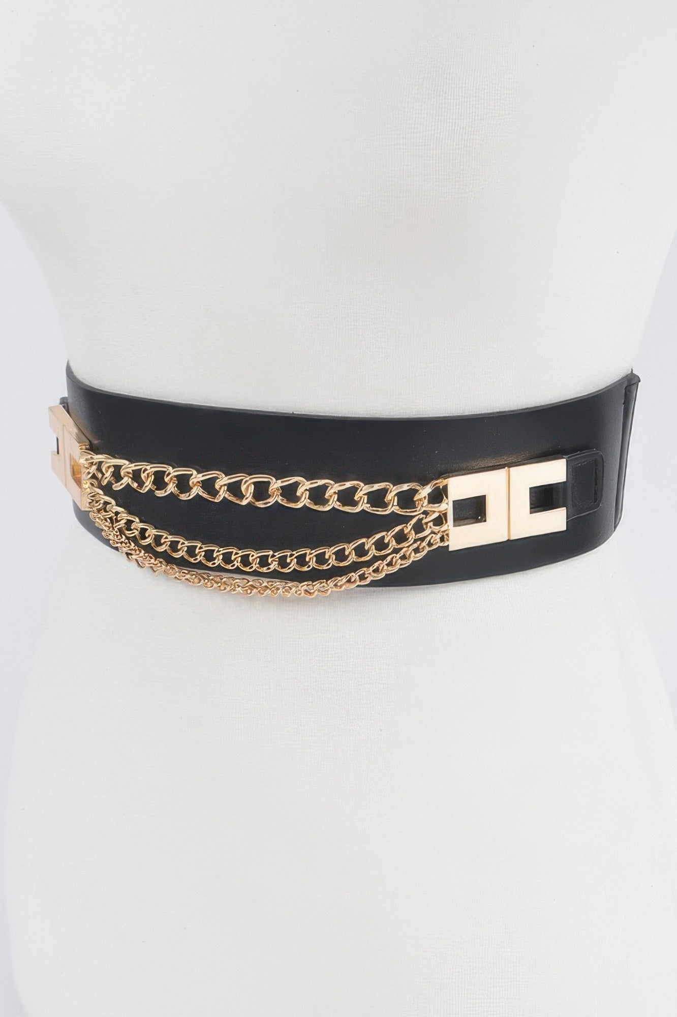 Black elastic belt with layered gold chain and square buckle detail