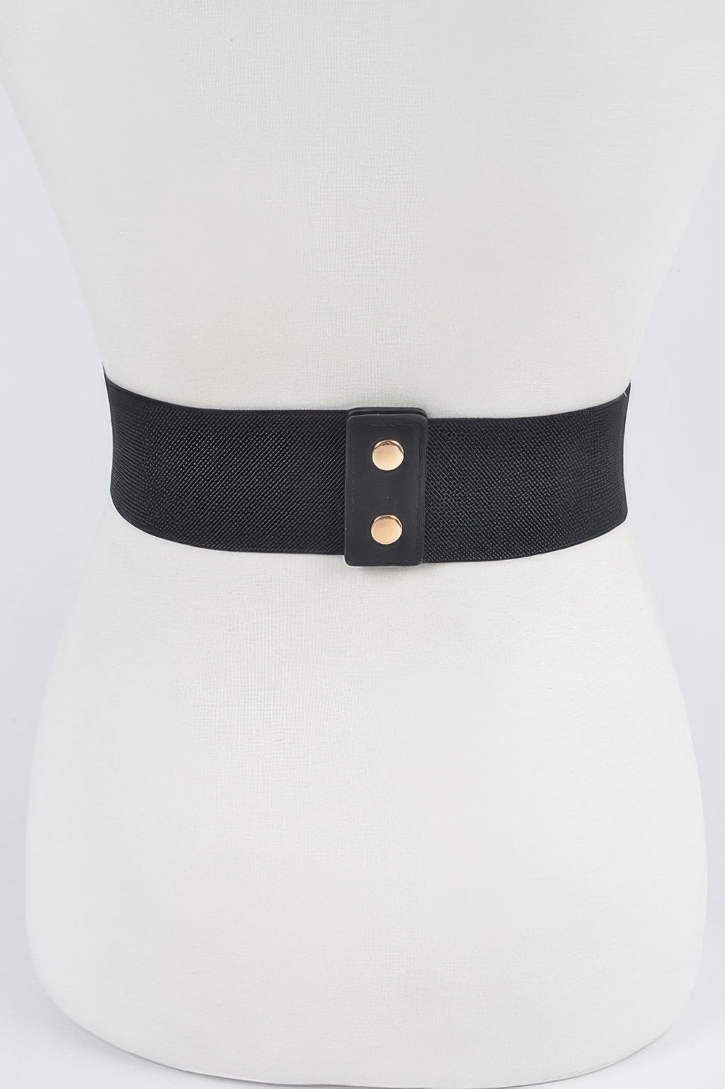 Black elastic waist belt with gold snap buttons and wide band