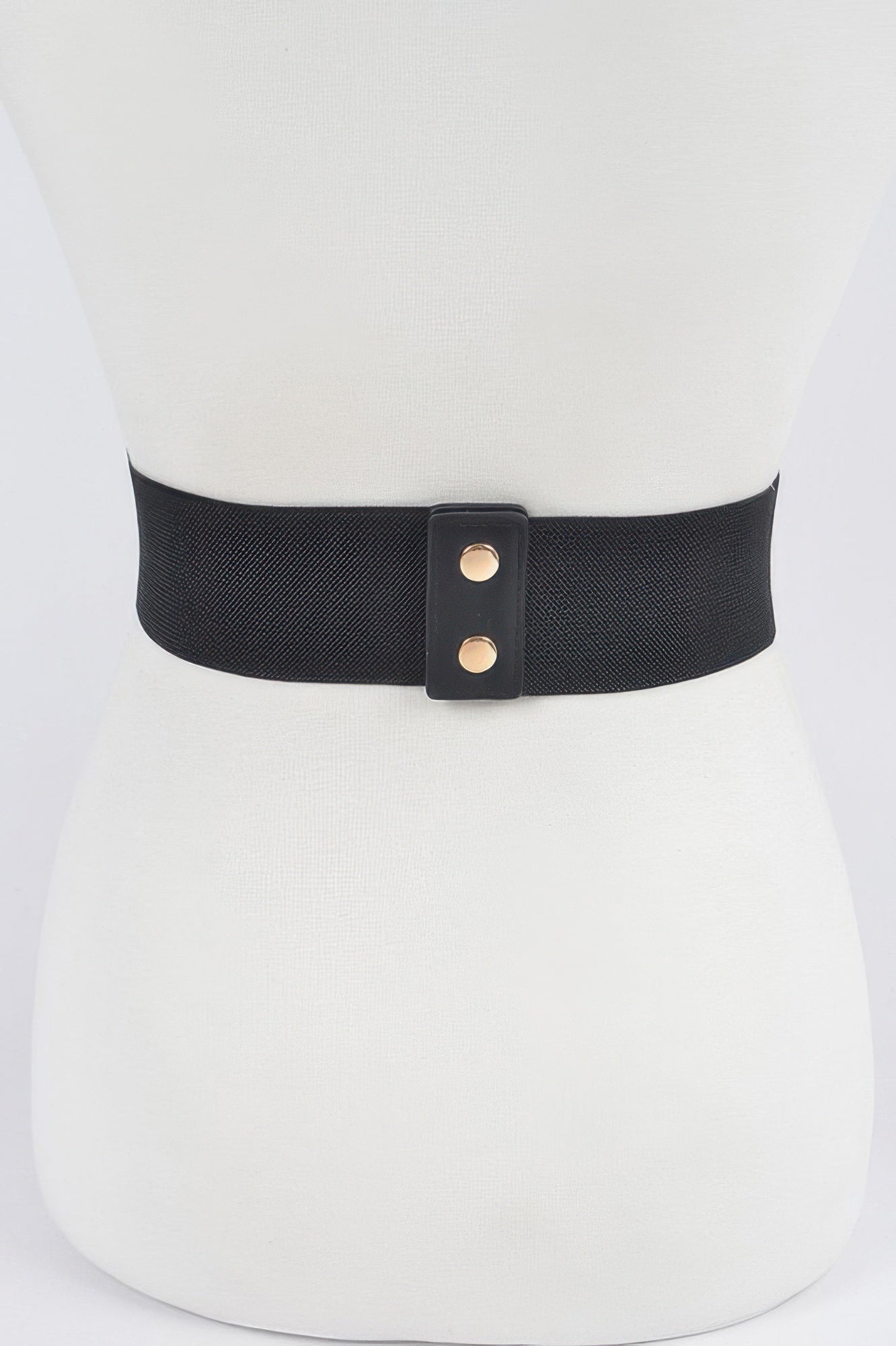 Black elastic waist belt with gold snap buttons and wide band